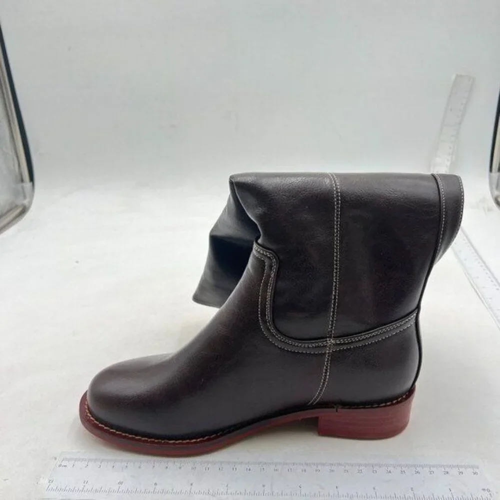 FOWT Women Platform Round Toe Calf High Boots Chunky Block Low Heel Brown Shoes